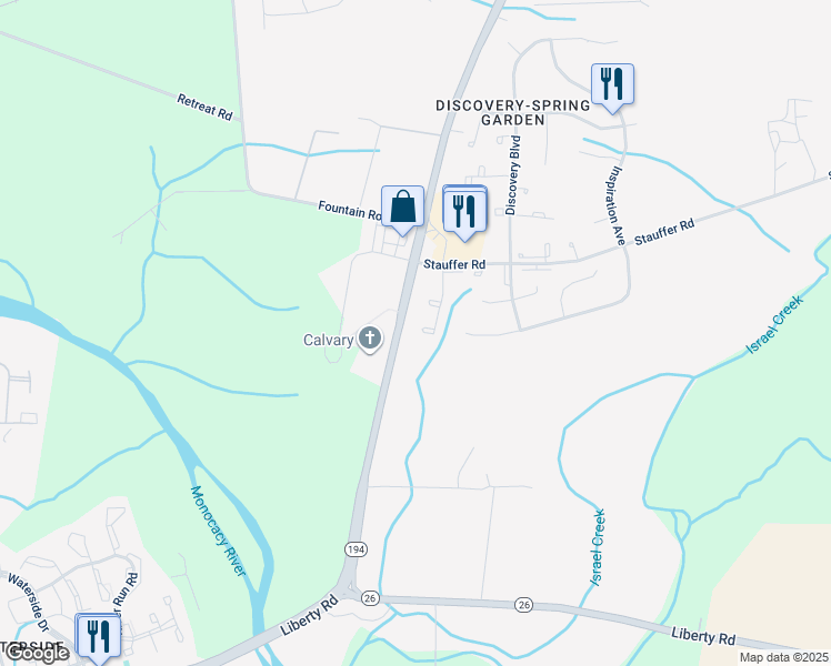 map of restaurants, bars, coffee shops, grocery stores, and more near 8322 Revelation Avenue in Walkersville