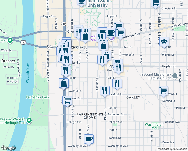 map of restaurants, bars, coffee shops, grocery stores, and more near 416 South 6th Street in Terre Haute
