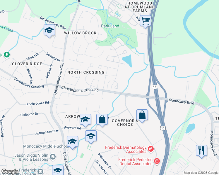 map of restaurants, bars, coffee shops, grocery stores, and more near 105 McClellan Drive in Frederick