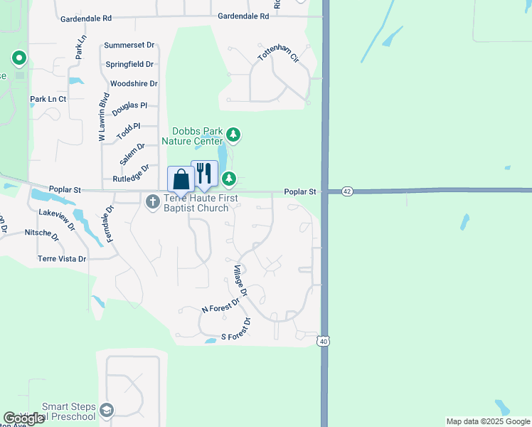 map of restaurants, bars, coffee shops, grocery stores, and more near 5279 Greywing Court in Terre Haute