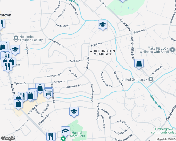 map of restaurants, bars, coffee shops, grocery stores, and more near 307 Glyndon Drive in Reisterstown