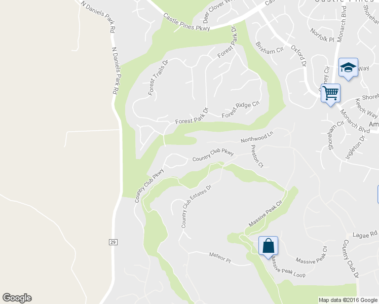 map of restaurants, bars, coffee shops, grocery stores, and more near 969 Country Club Parkway in Castle Rock