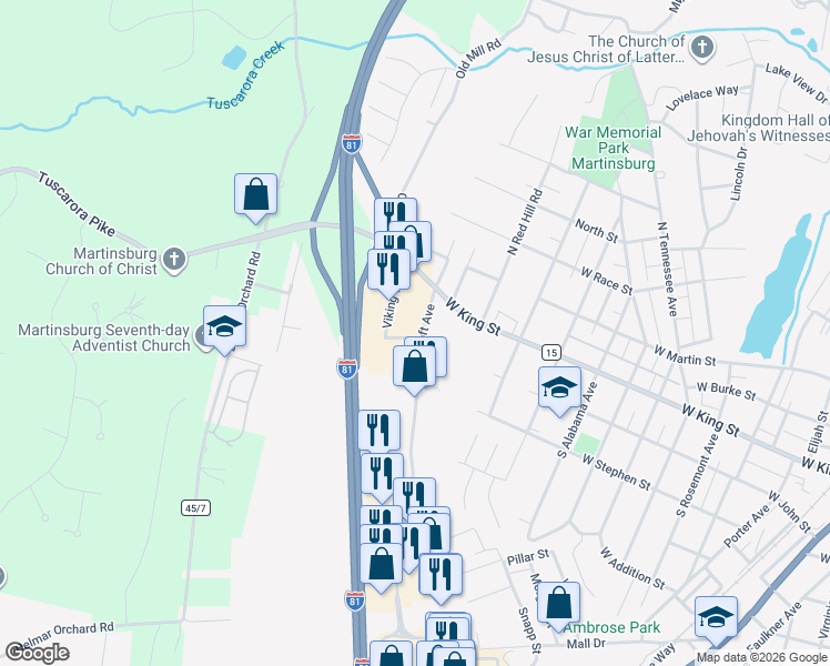 map of restaurants, bars, coffee shops, grocery stores, and more near 600 Foxcroft Avenue in Martinsburg
