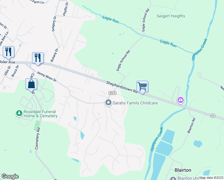 map of restaurants, bars, coffee shops, grocery stores, and more near 825 Jenny Wren Drive in Martinsburg