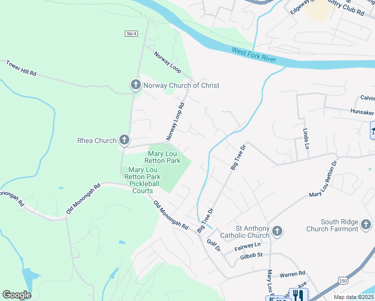 map of restaurants, bars, coffee shops, grocery stores, and more near 305 Olympic Lane in Fairmont