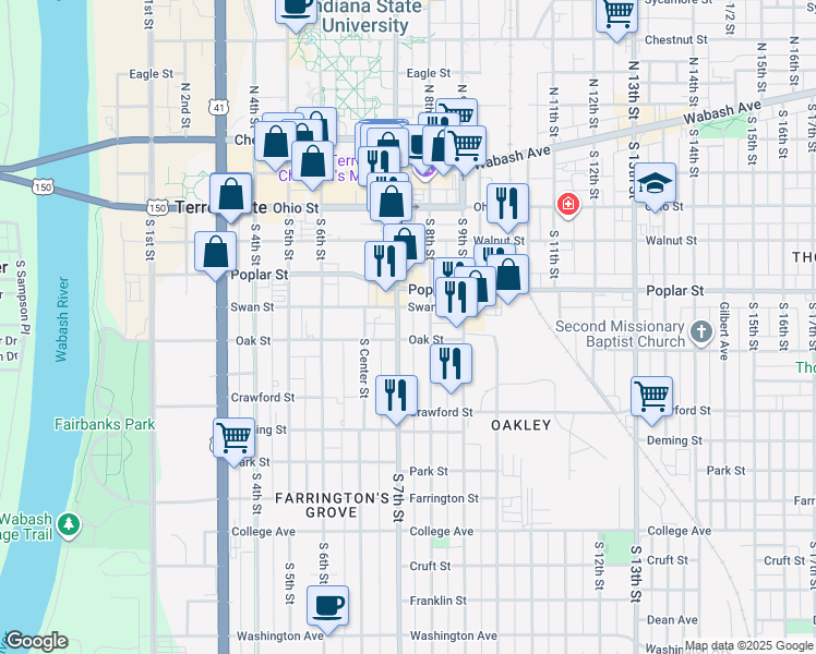 map of restaurants, bars, coffee shops, grocery stores, and more near 418 South 7th Street in Terre Haute