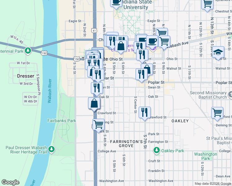 map of restaurants, bars, coffee shops, grocery stores, and more near 416 South 5th Street in Terre Haute