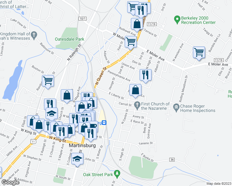 map of restaurants, bars, coffee shops, grocery stores, and more near 219 East Liberty Street in Martinsburg