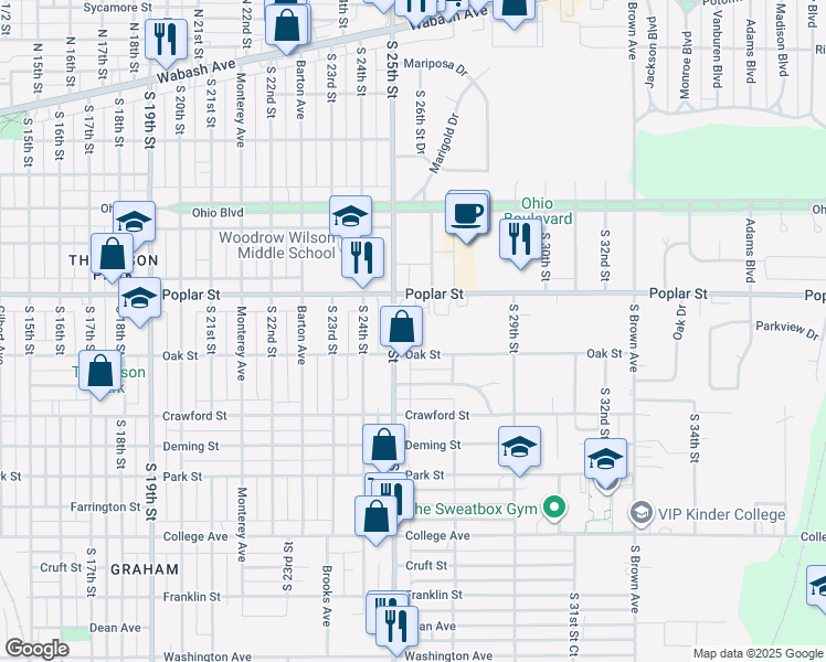 map of restaurants, bars, coffee shops, grocery stores, and more near 2505 Swan Street in Terre Haute