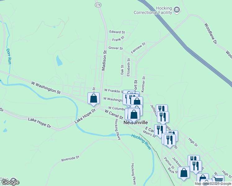 map of restaurants, bars, coffee shops, grocery stores, and more near 147 West Franklin Street in Nelsonville