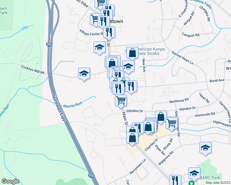 map of restaurants, bars, coffee shops, grocery stores, and more near 308 Main Street in Reisterstown