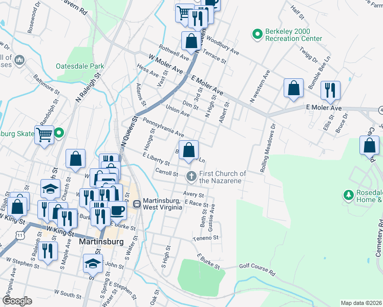 map of restaurants, bars, coffee shops, grocery stores, and more near 522 North High Street in Martinsburg