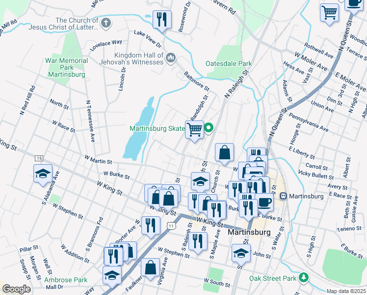 map of restaurants, bars, coffee shops, grocery stores, and more near 304 Auburn Street in Martinsburg
