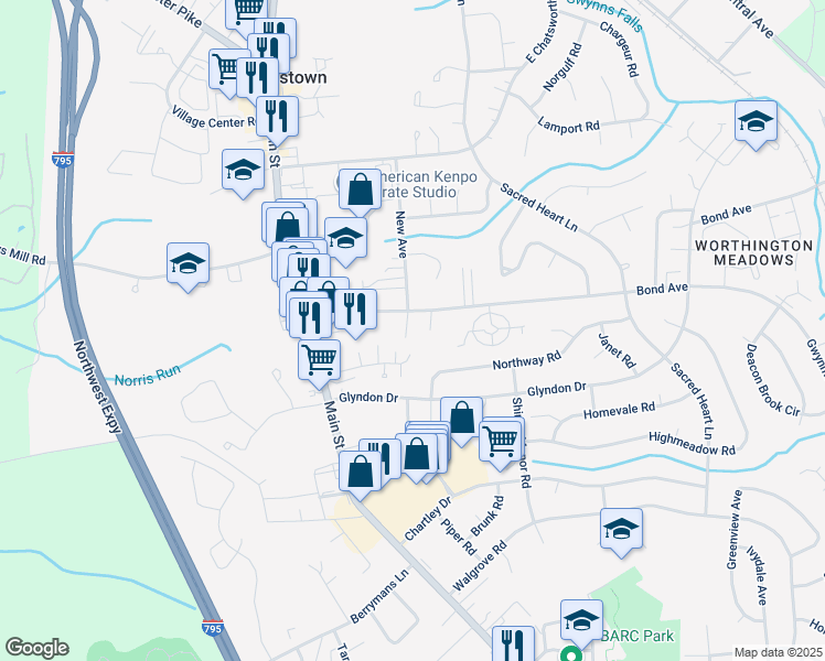 map of restaurants, bars, coffee shops, grocery stores, and more near 305 New Avenue in Reisterstown
