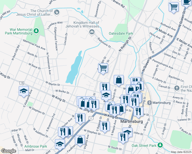 map of restaurants, bars, coffee shops, grocery stores, and more near 303 Randolph Street in Martinsburg