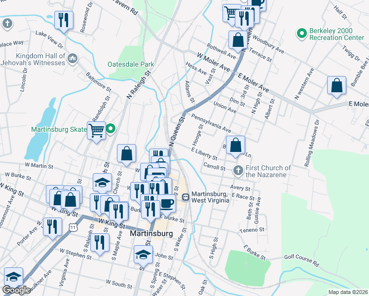 map of restaurants, bars, coffee shops, grocery stores, and more near 126 East Liberty Street in Martinsburg