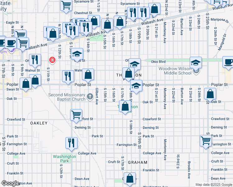 map of restaurants, bars, coffee shops, grocery stores, and more near 432 South 16th Street in Terre Haute