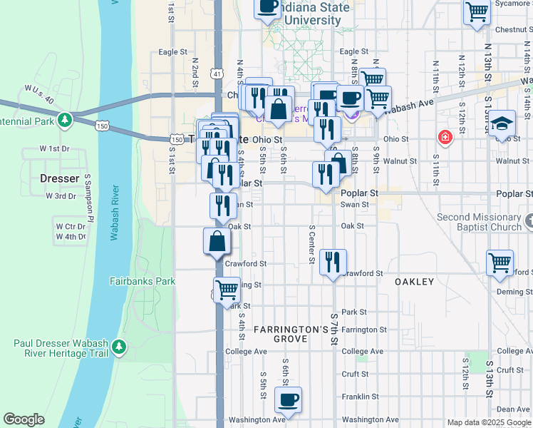 map of restaurants, bars, coffee shops, grocery stores, and more near 416 South 5th Street in Terre Haute