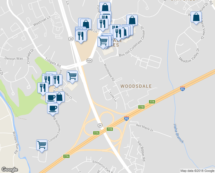map of restaurants, bars, coffee shops, grocery stores, and more near 23 Allison Way in Abingdon