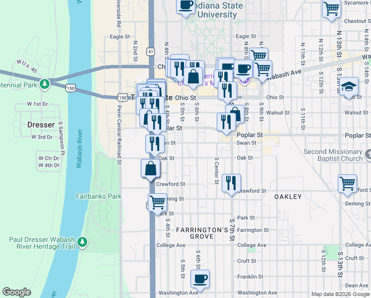 map of restaurants, bars, coffee shops, grocery stores, and more near 416 South 5th Street in Terre Haute