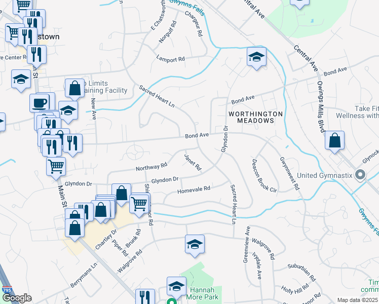 map of restaurants, bars, coffee shops, grocery stores, and more near 229 Northway Road in Reisterstown