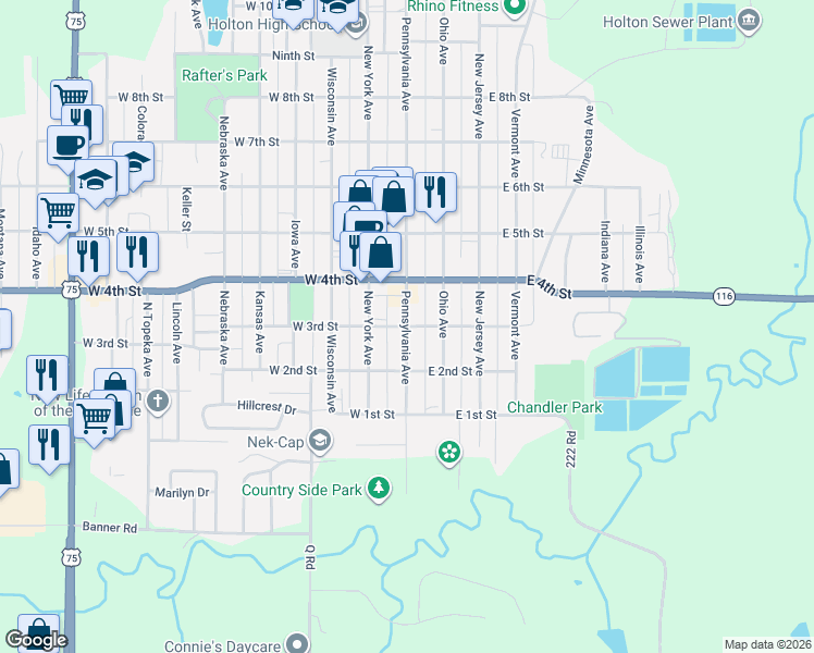 map of restaurants, bars, coffee shops, grocery stores, and more near 101 East 3rd Street in Holton