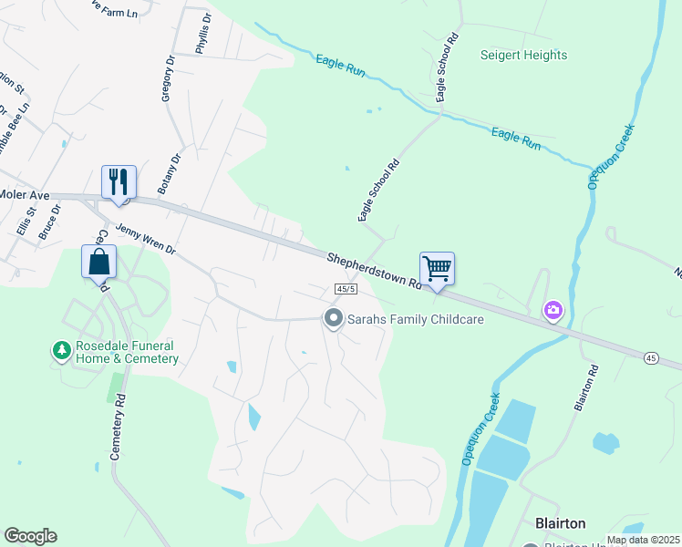 map of restaurants, bars, coffee shops, grocery stores, and more near 825 Jenny Wren Drive in Martinsburg
