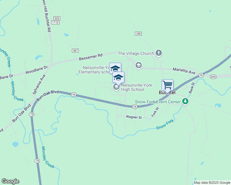 map of restaurants, bars, coffee shops, grocery stores, and more near 1 Buckeye Drive in Nelsonville