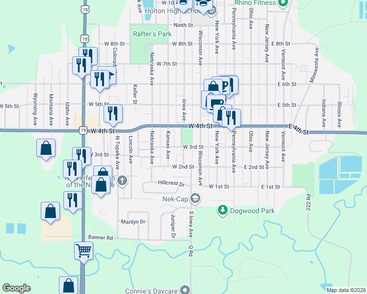 map of restaurants, bars, coffee shops, grocery stores, and more near 357 West 3rd Street in Holton
