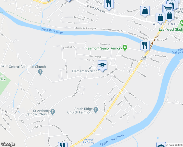 map of restaurants, bars, coffee shops, grocery stores, and more near 102 Sunshine Way in Fairmont