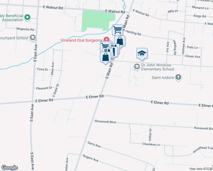 map of restaurants, bars, coffee shops, grocery stores, and more near 1597 South Main Road in Vineland