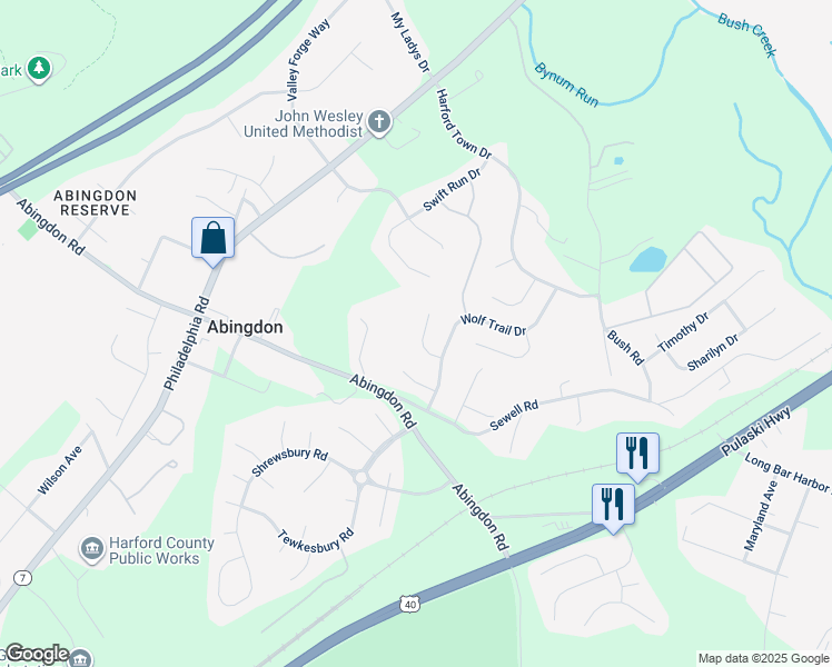 map of restaurants, bars, coffee shops, grocery stores, and more near 1213 Lobo Court in Abingdon