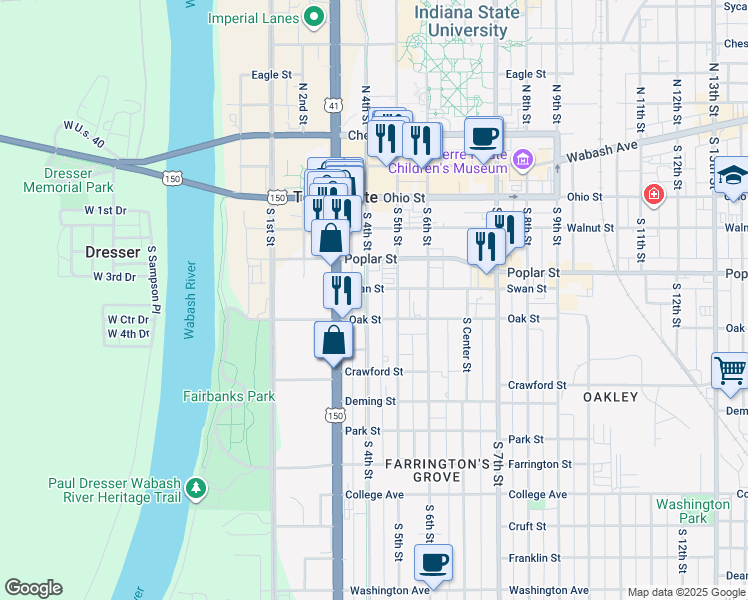 map of restaurants, bars, coffee shops, grocery stores, and more near 413 Swan Street in Terre Haute
