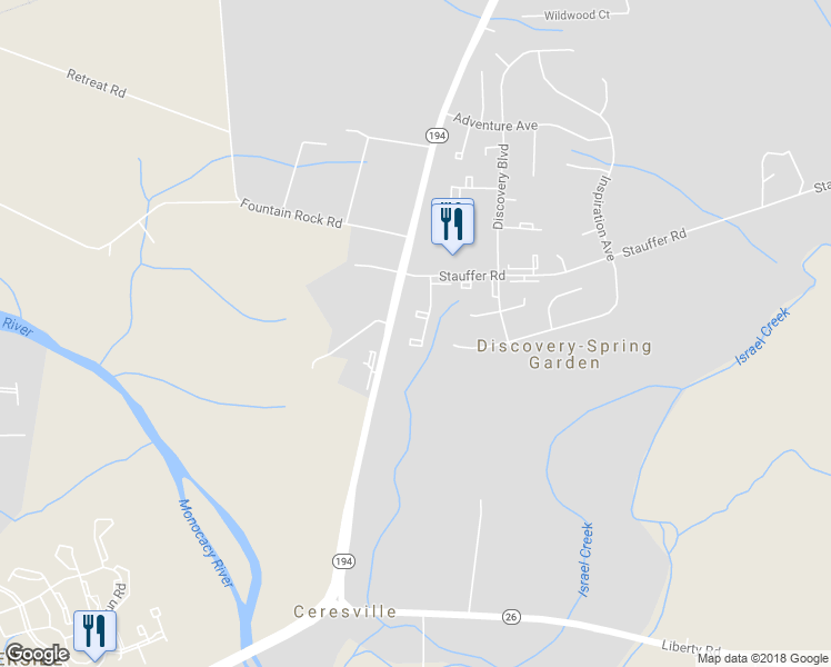 map of restaurants, bars, coffee shops, grocery stores, and more near 8342 Revelation Avenue in Walkersville