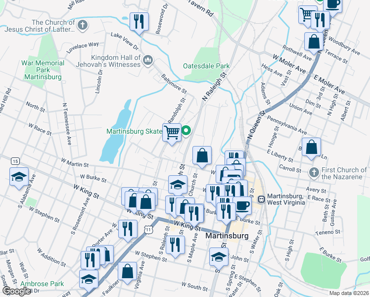 map of restaurants, bars, coffee shops, grocery stores, and more near 310 North Raleigh Street in Martinsburg