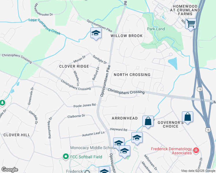 map of restaurants, bars, coffee shops, grocery stores, and more near 114 Crosstimber Way in Frederick