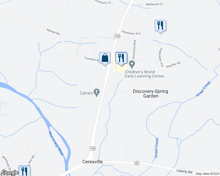 map of restaurants, bars, coffee shops, grocery stores, and more near 8334 Revelation Avenue in Walkersville