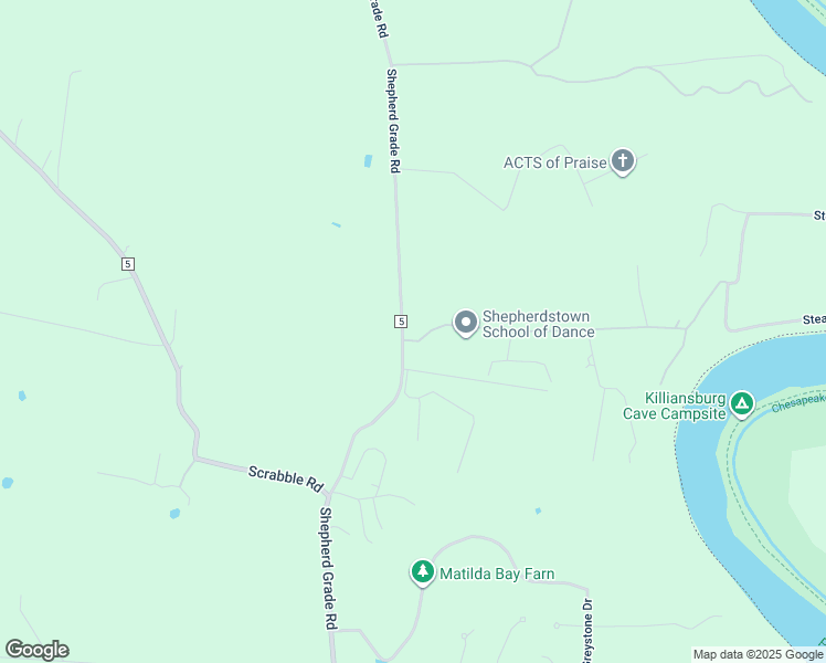 map of restaurants, bars, coffee shops, grocery stores, and more near Steamboat Run Road in Shepherdstown