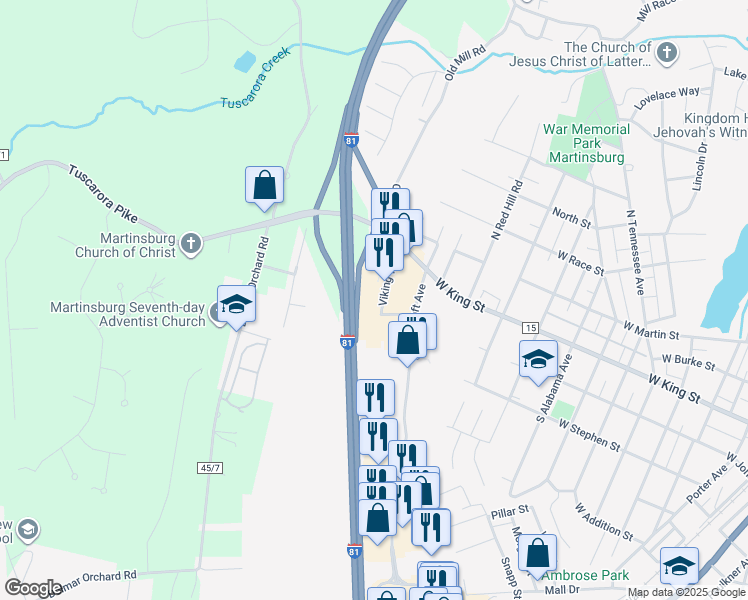 map of restaurants, bars, coffee shops, grocery stores, and more near 209 Viking Way in Martinsburg