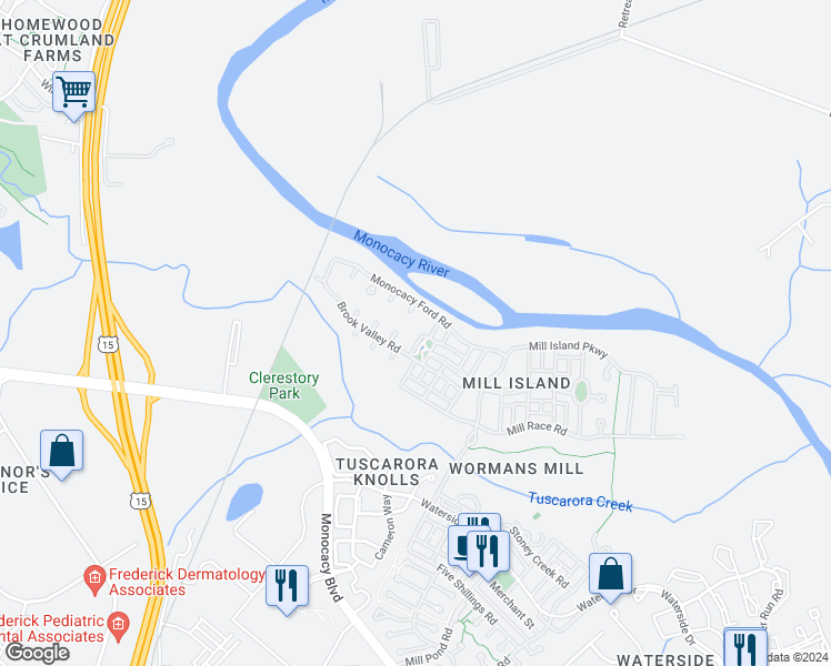 map of restaurants, bars, coffee shops, grocery stores, and more near 3010 Arbor Square Drive in Frederick
