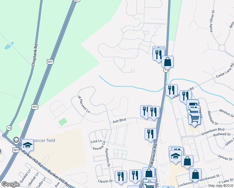 map of restaurants, bars, coffee shops, grocery stores, and more near 324 East Harvest Lane in Middletown