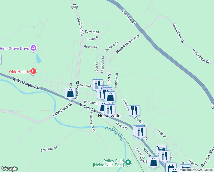 map of restaurants, bars, coffee shops, grocery stores, and more near 20 East Franklin Street in Nelsonville