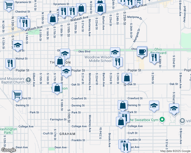 map of restaurants, bars, coffee shops, grocery stores, and more near 413 South 22nd Street in Terre Haute
