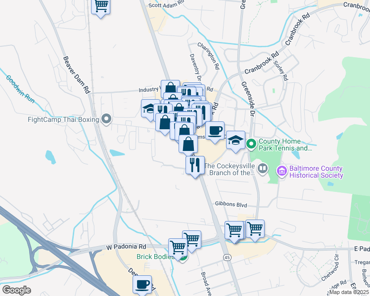 map of restaurants, bars, coffee shops, grocery stores, and more near 9924 York Road in Cockeysville