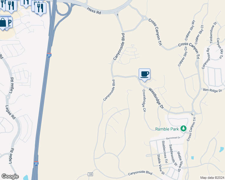 map of restaurants, bars, coffee shops, grocery stores, and more near Canyonside Boulevard in Castle Pines