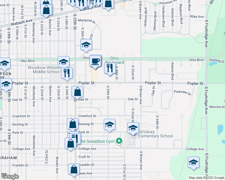 map of restaurants, bars, coffee shops, grocery stores, and more near 410 South 29th Street in Terre Haute