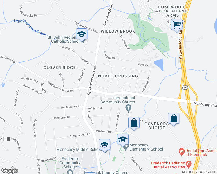 map of restaurants, bars, coffee shops, grocery stores, and more near 1906 Timber Grove Road in Frederick