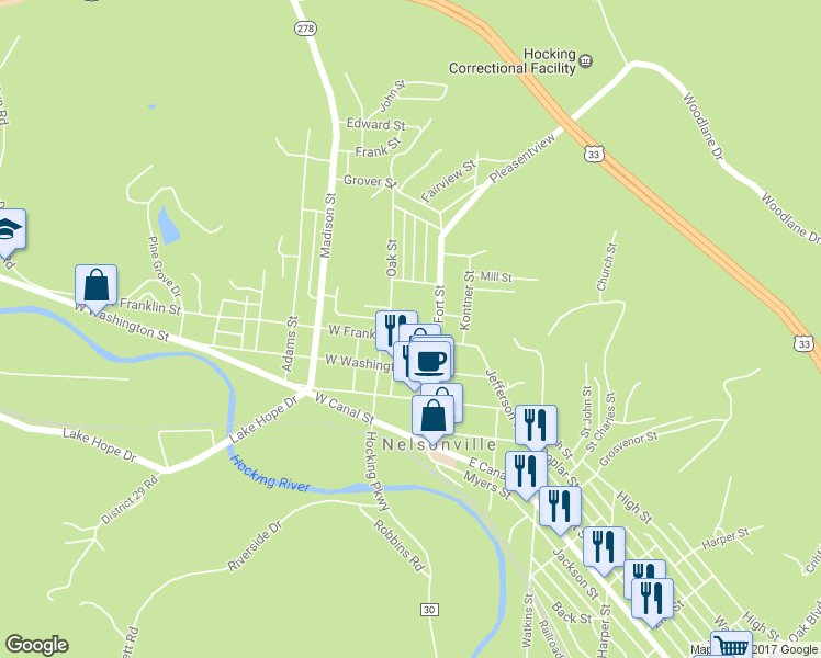 map of restaurants, bars, coffee shops, grocery stores, and more near 66 West Franklin Street in Nelsonville