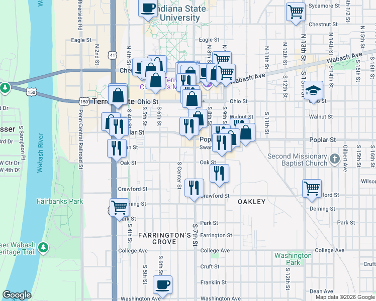 map of restaurants, bars, coffee shops, grocery stores, and more near 669 Swan Street in Terre Haute