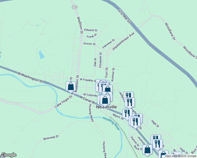 map of restaurants, bars, coffee shops, grocery stores, and more near 66 West Franklin Street in Nelsonville